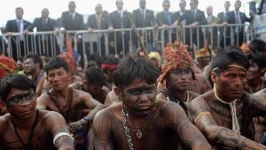 Officials observe indigenous people protesting in Brazil