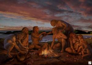 Early humans sharing food at Gesher Benot Ya'aqov.